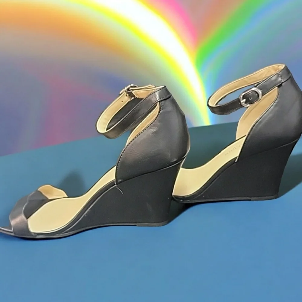 CL by Launday size 8 black ankle straps wedges.